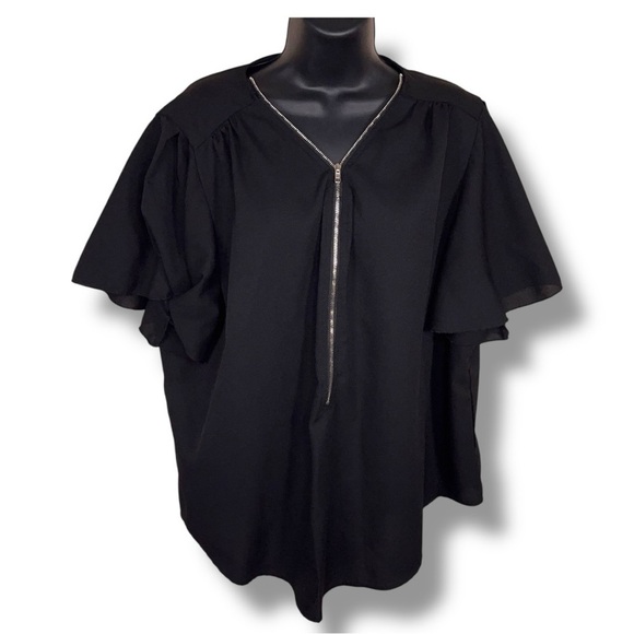3XL SHEIN Curve Black Short Sleeve Blouse Zipper Vneck Accent Ruffle Goth Retro - Picture 1 of 14